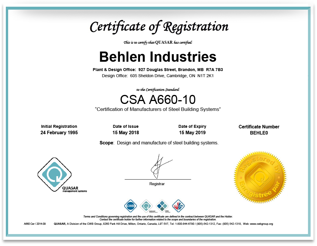 Behlen Industries - Certificación CSA A660 -10