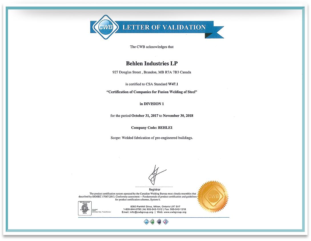 Behlen Industries - Certificación CSA